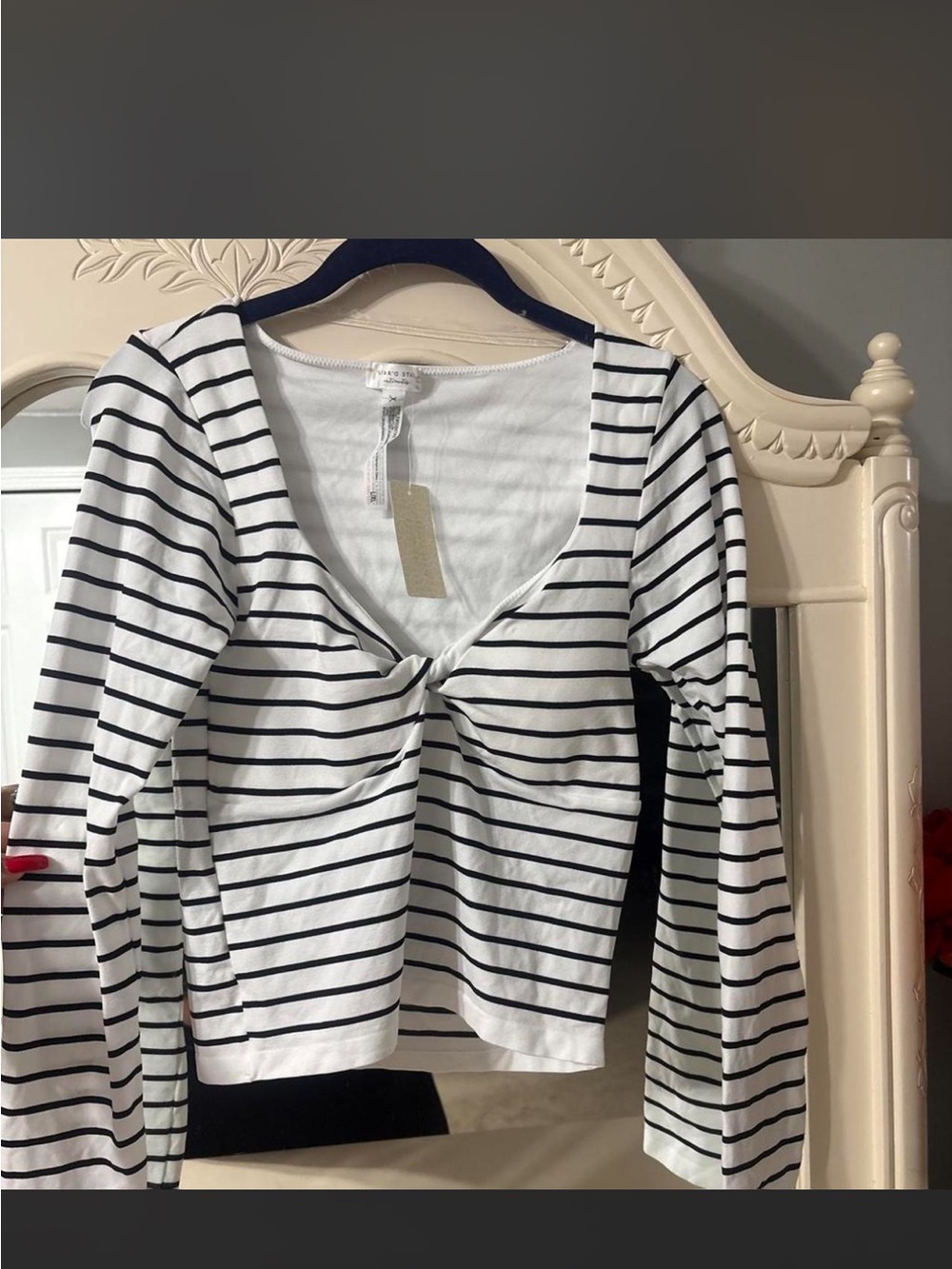 Altar'd State White and Black Striped Knot-Front Long Sleeve Top